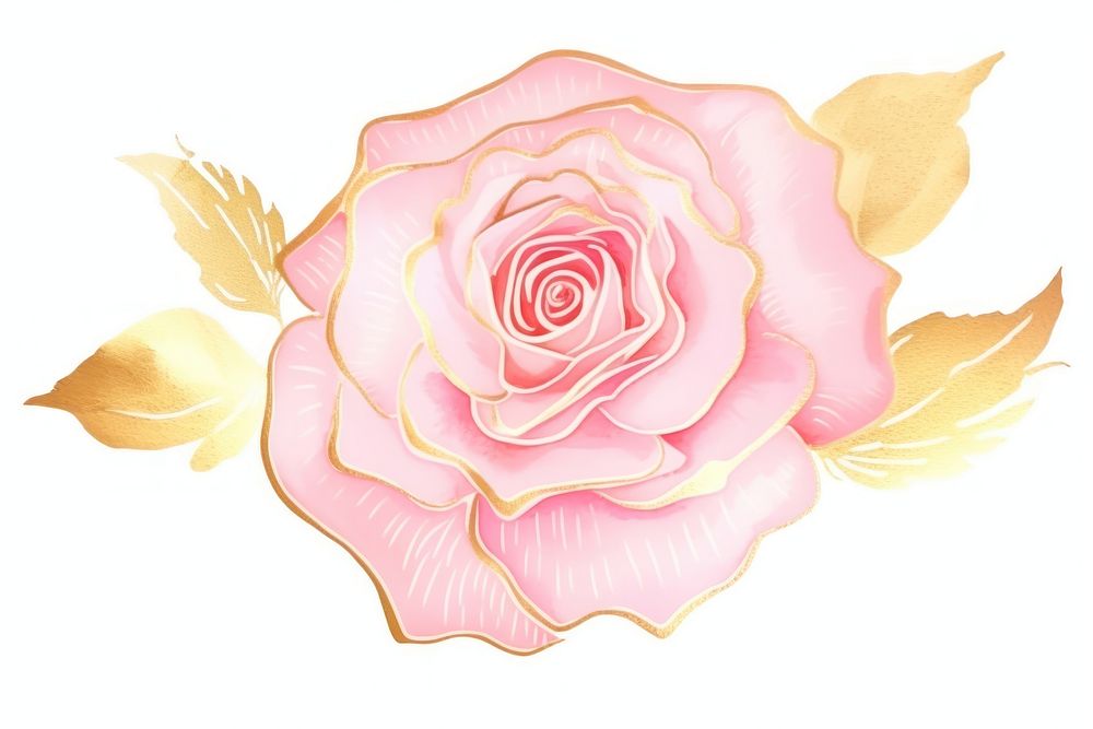 Watercolor rose with thin golden glitter outline stroke flower petal plant.