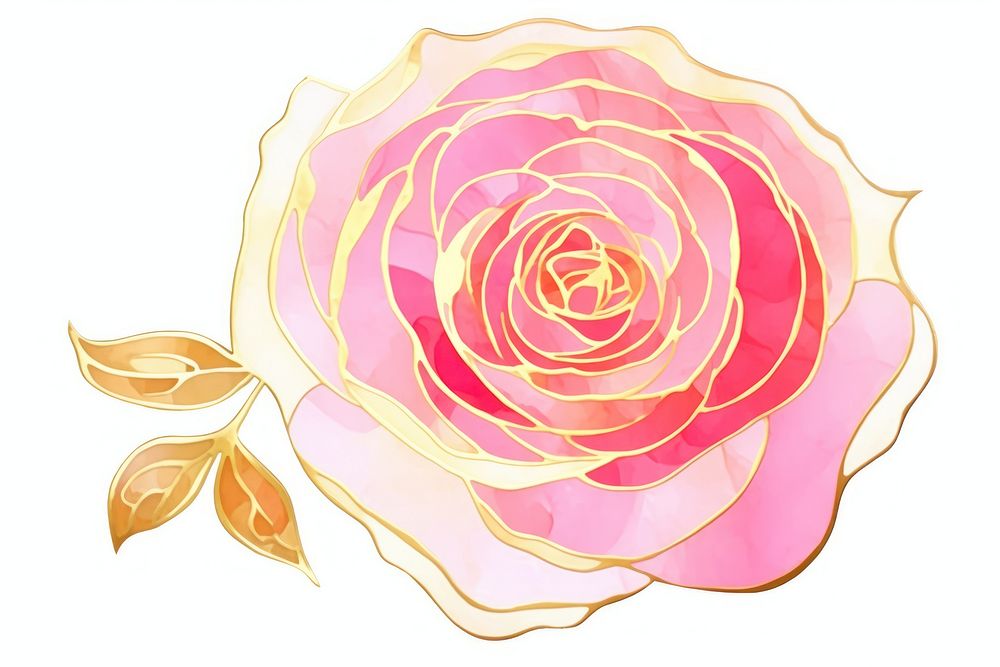 Watercolor rose with thin golden glitter outline stroke flower petal plant.