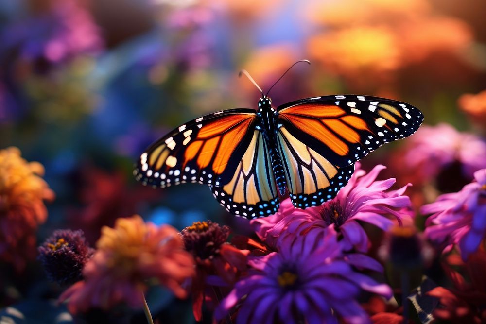 Monarch butterfly blue wing elegance flower wildlife outdoors. AI generated Image by rawpixel.