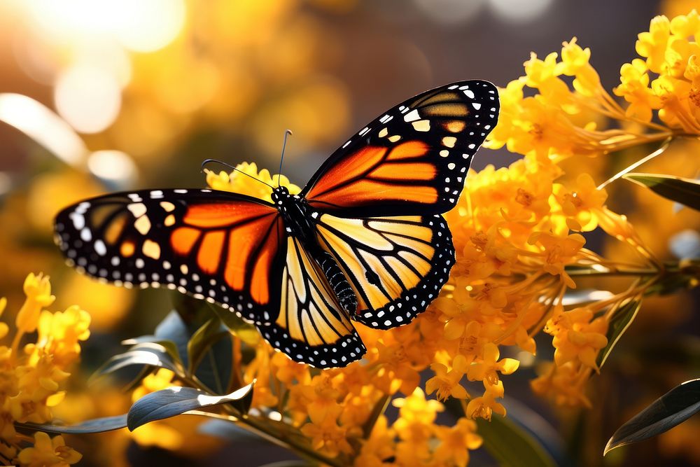 Monarch butterfly yellow and black wing elegance flower wildlife monarch. AI generated Image by rawpixel.
