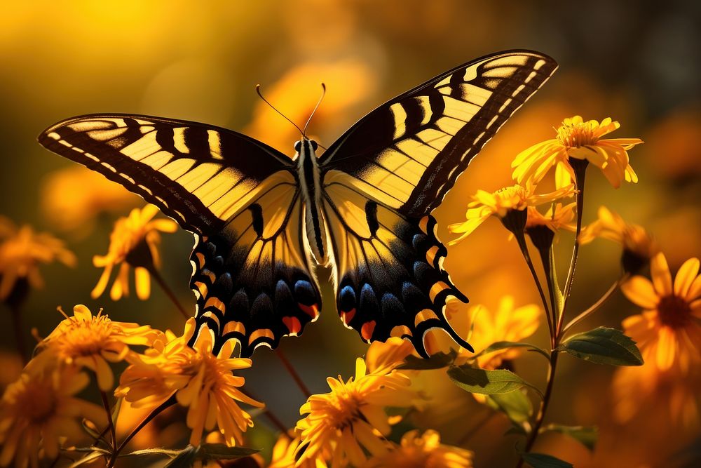 Monarch butterfly yellow and black wing elegance flower wildlife outdoors. AI generated Image by rawpixel.