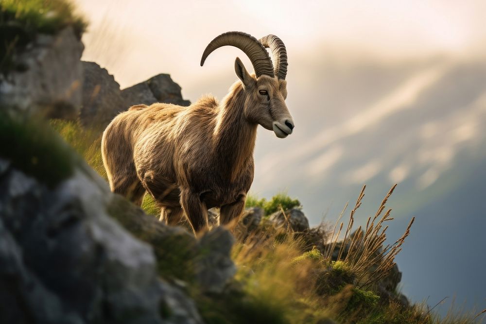 Alpine ibex grazing on rocky mountain cliff wildlife livestock animal. AI generated Image by rawpixel.