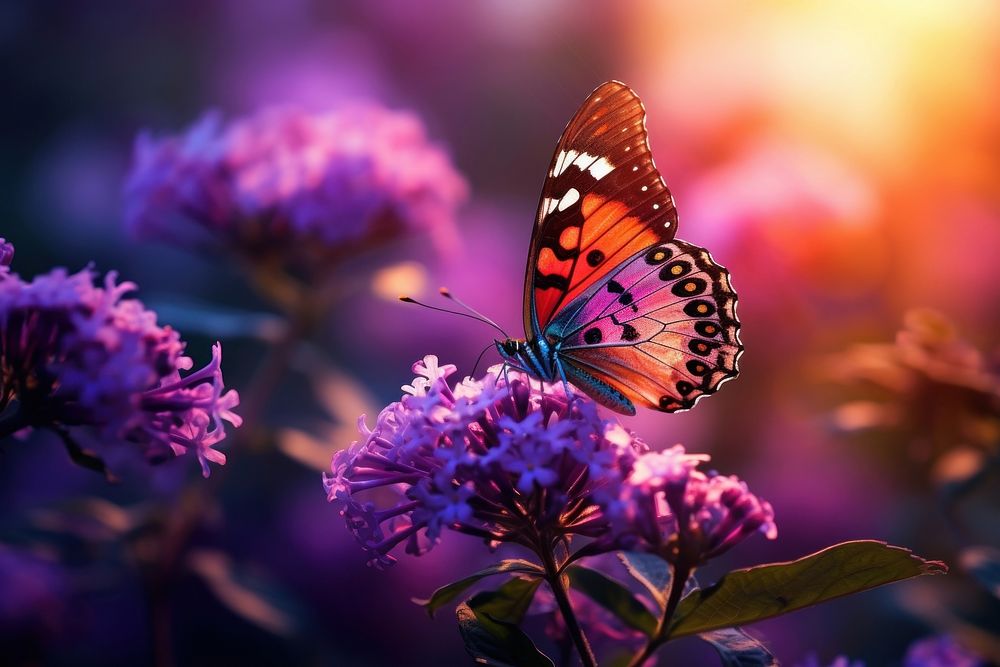 Purple wing butterfly flower wildlife outdoors. AI generated Image by rawpixel.