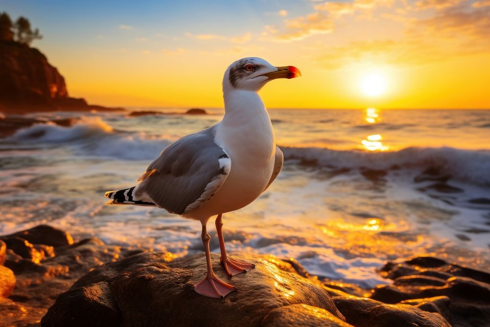 Seagull standing on the rock near the beach wildlife outdoors horizon. AI generated Image by rawpixel.