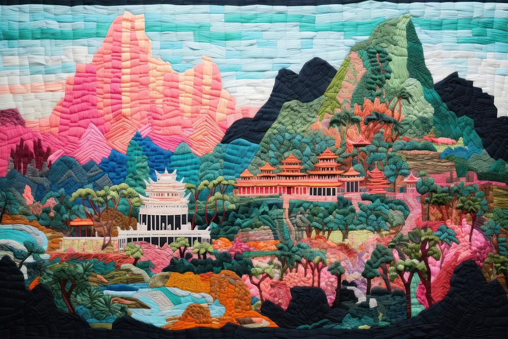 Thai landmarks quilt embroidery tapestry.