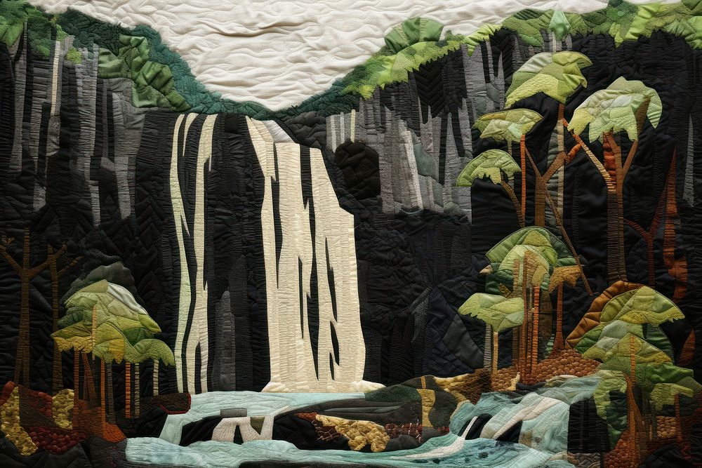 Waterfall in rainforest nature plant quilt.