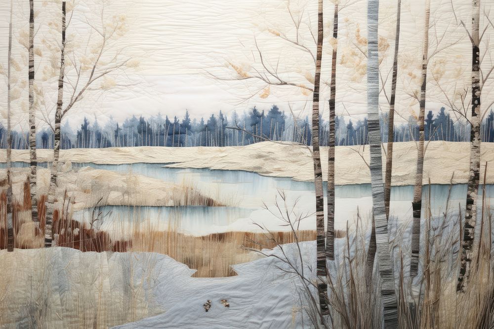 Winter lake forest landscape outdoors painting.