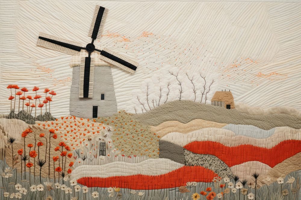 Windmill needlework landscape textile.