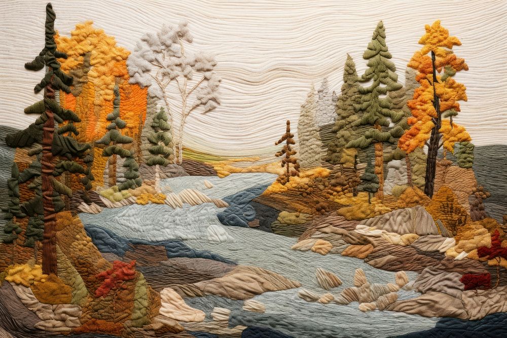 Autumn lake landscape pattern textile.