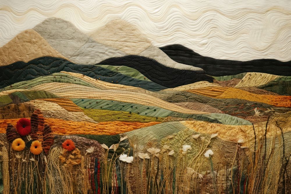 Autumn mountain landscape quilting textile.