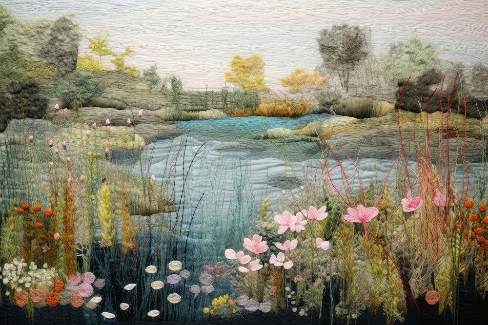 Beautiful pond needlework landscape painting.