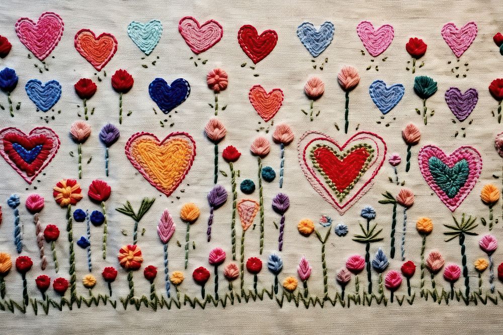 Cute hearts pattern embroidery needlework textile.