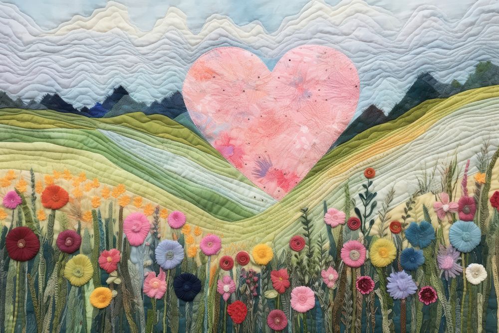 Pastel heart pattern needlework landscape painting.
