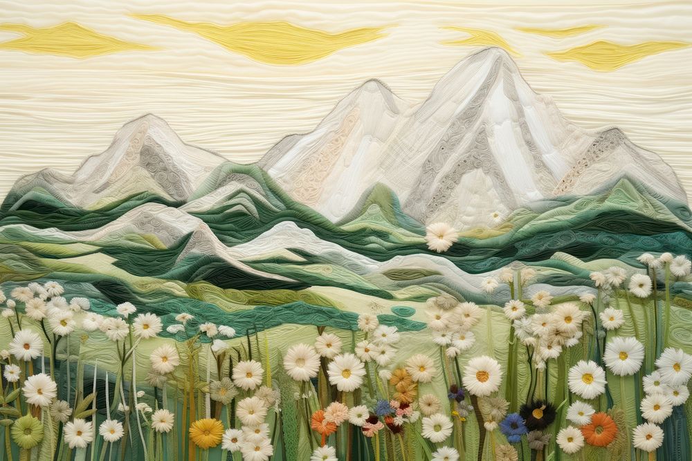 Spring mountain landscape painting flower.