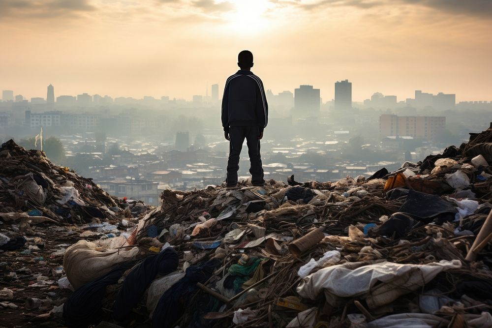 Kid standing on top of the pile of trash architecture pollution cityscape. AI generated Image by rawpixel.