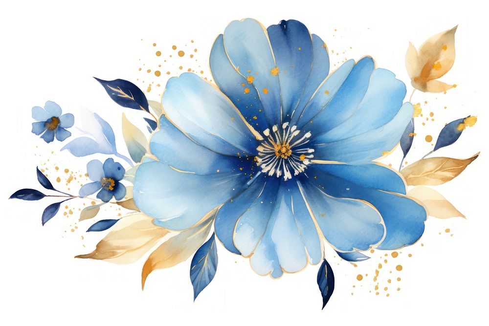 Blue flower watercolor and golden glitter outline stroke pattern petal plant.
