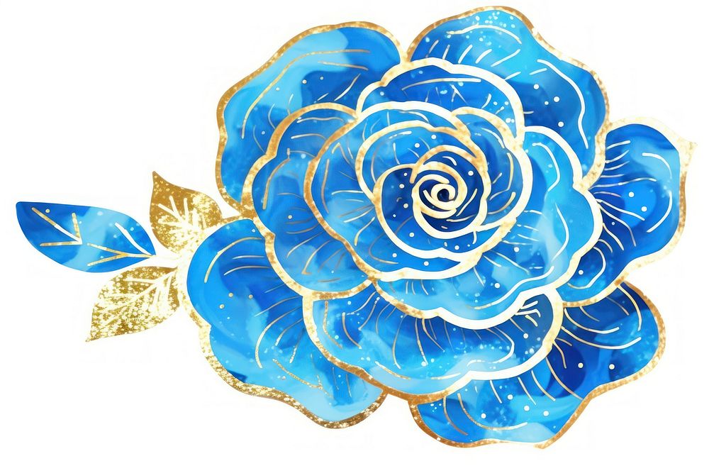 Blue rose watercolor and golden glitter outline stroke pattern flower plant.