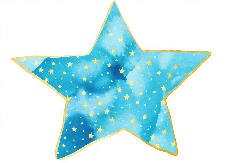 Blue star watercolor and golden glitter outline stroke celebration echinoderm decoration.