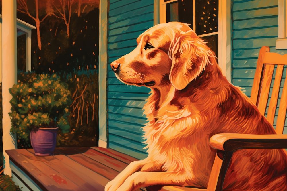 Golden retriever on a front porch architecture animal mammal. AI generated Image by rawpixel.
