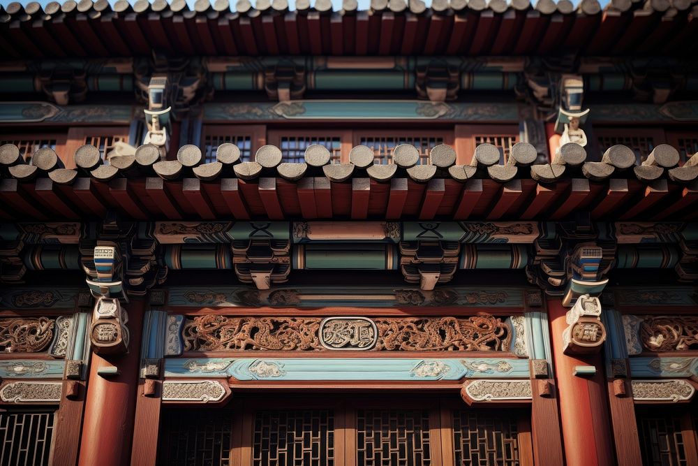 Asian building facade architecture column roof. AI generated Image by rawpixel.