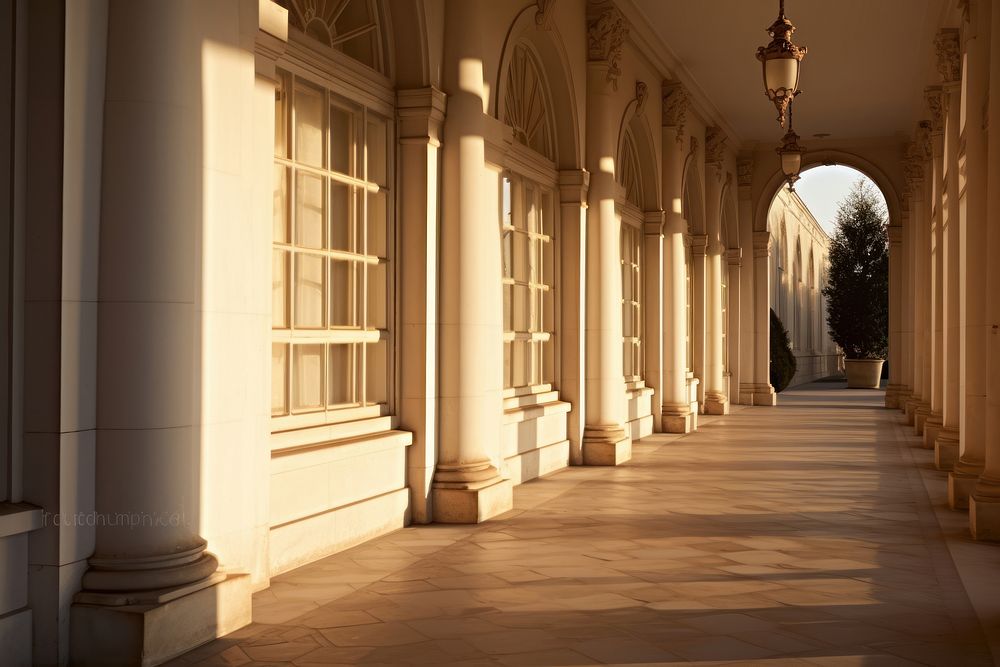 Classical building corridor architecture flooring sunlight. 