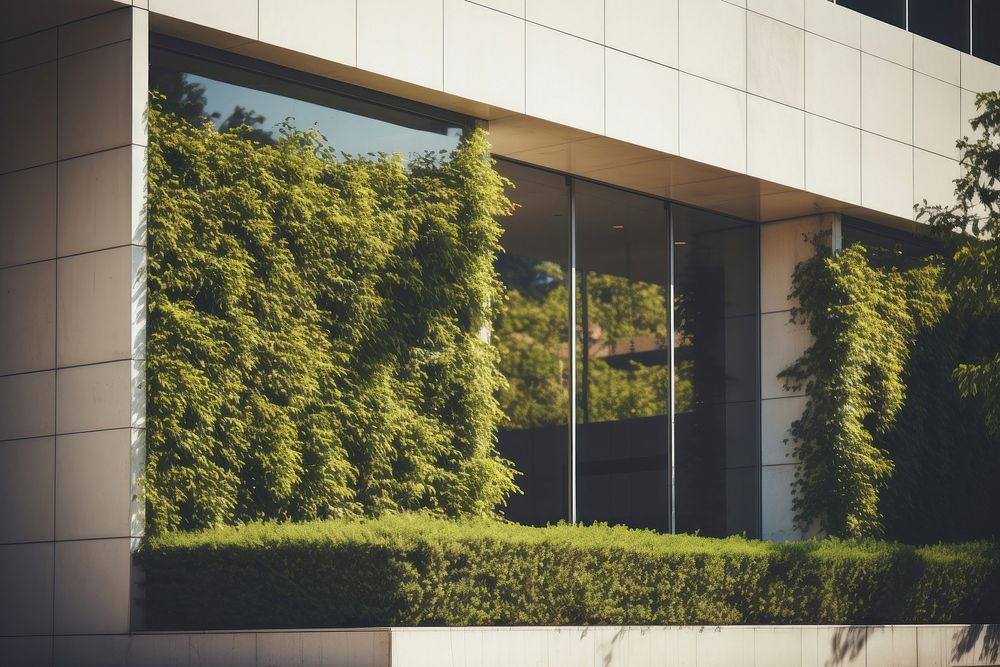 Modern building with bushes facade architecture outdoors window. AI generated Image by rawpixel.