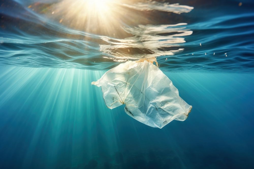 A plastic bag floating under the ocean pollution outdoors nature. AI generated Image by rawpixel.