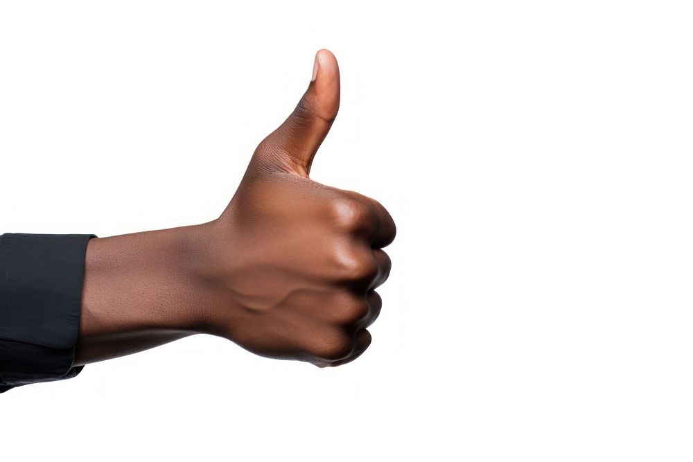 Black hand in shirt showing thumb up finger white background technology.