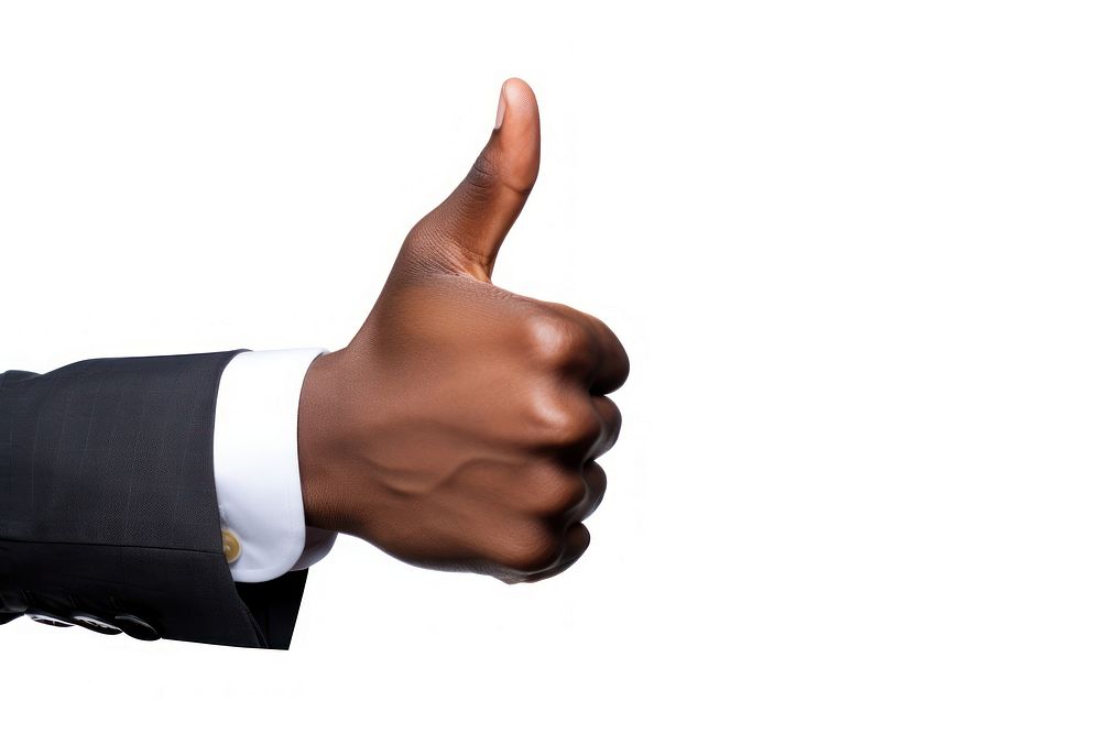 Black hand in shirt showing thumb up finger adult white background.