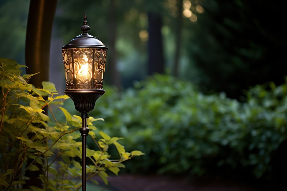 Garden lamp in a calm garden lighting architecture illuminated. AI generated Image by rawpixel.