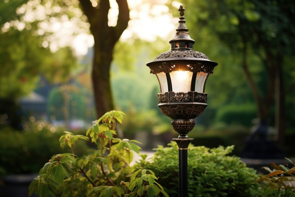 Garden lamp in a calm garden architecture illuminated decoration. AI generated Image by rawpixel.