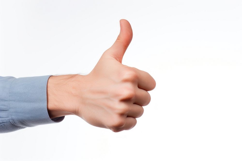 Hand in shirt showing thumb up finger white background gesturing.