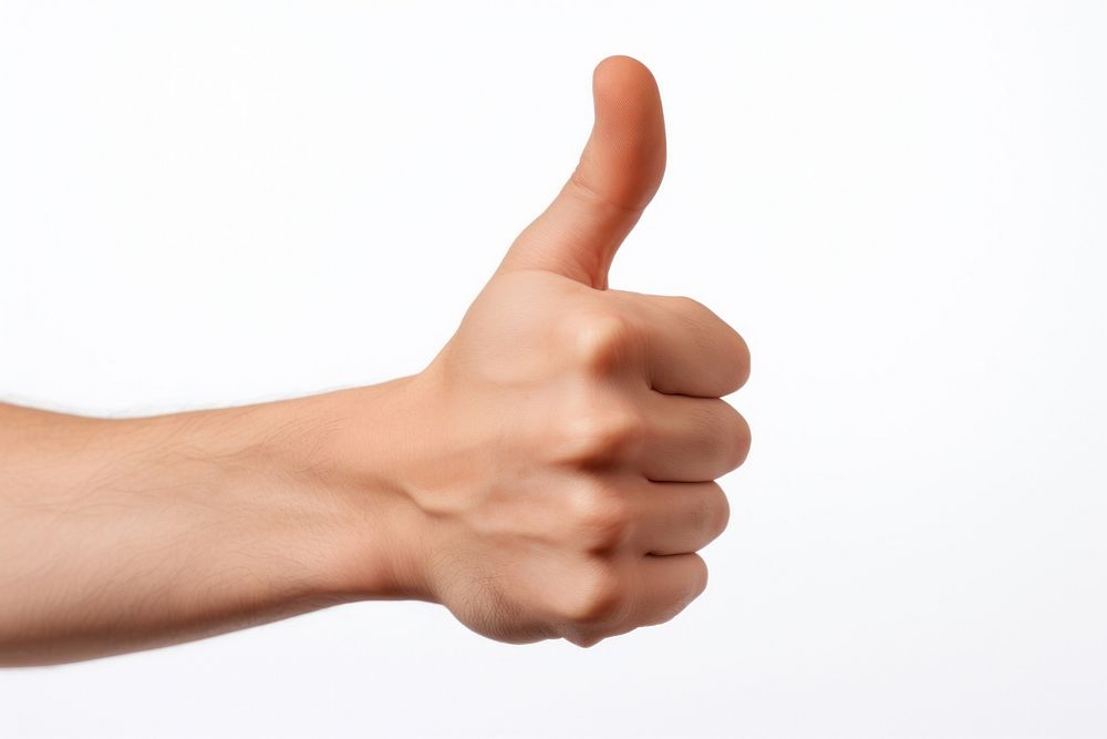 Hand showing thumb up finger white background gesturing.