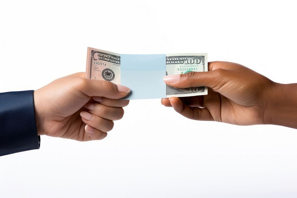 Hands sending banknote to other money paper white background.