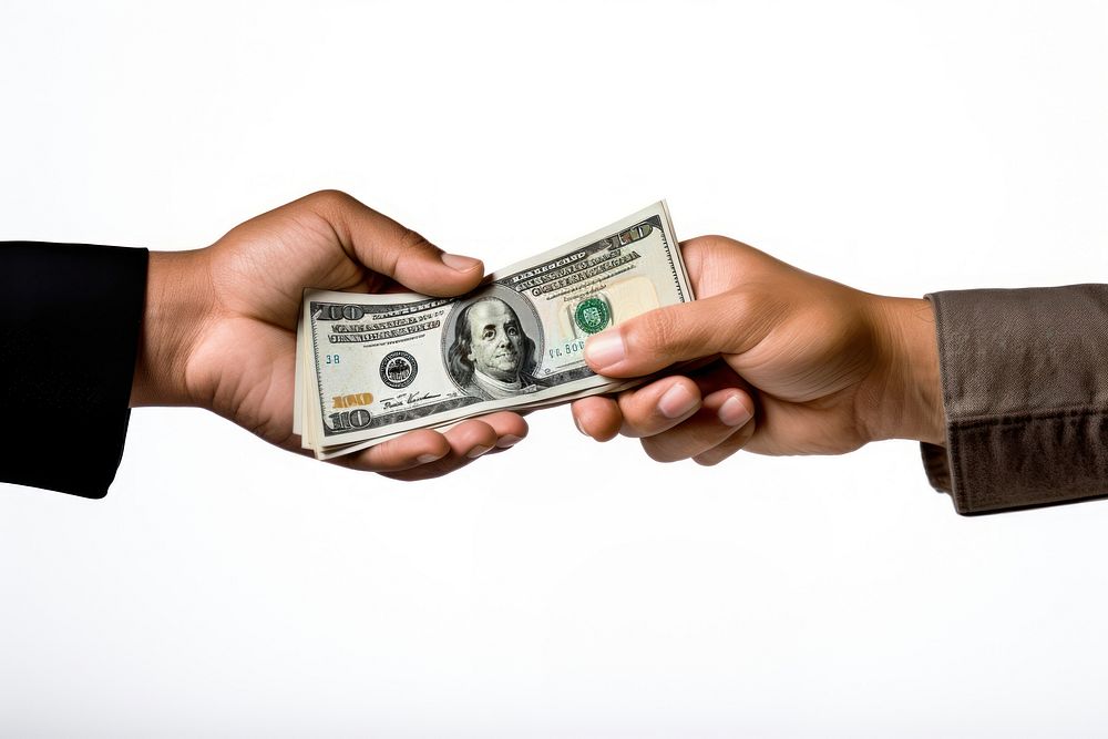 Hands sending money to other dollar white background togetherness.