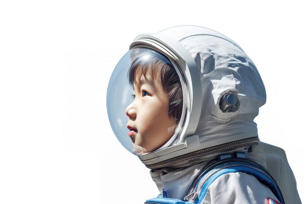 Little asian boy astronaut helmet baby protection.
