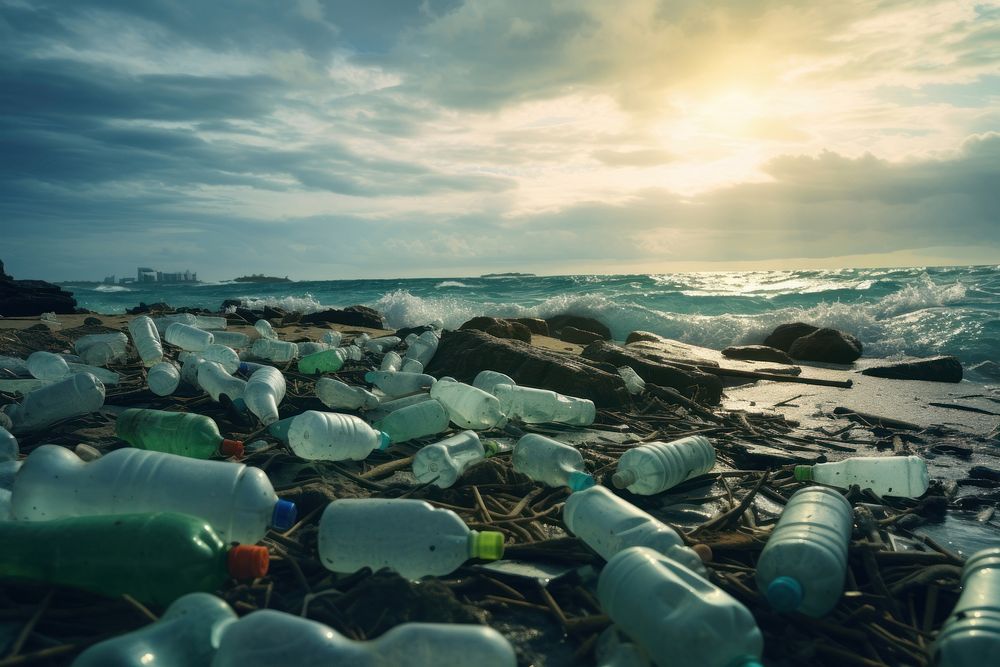 Plastic bottles beach sea pollution. AI generated Image by rawpixel.