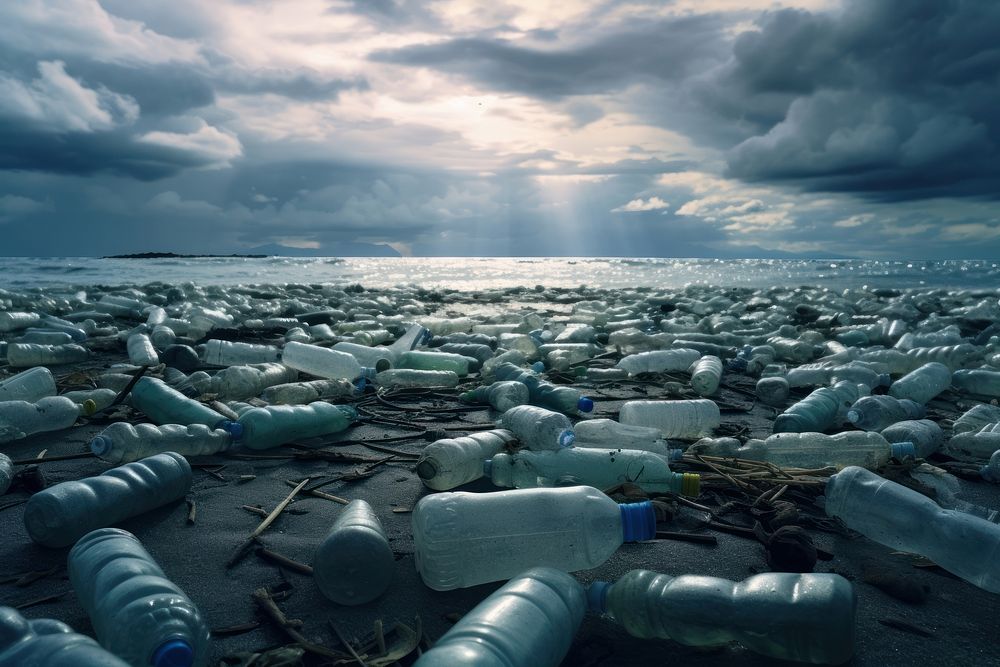 Plastic bottles sea outdoors horizon. AI generated Image by rawpixel.