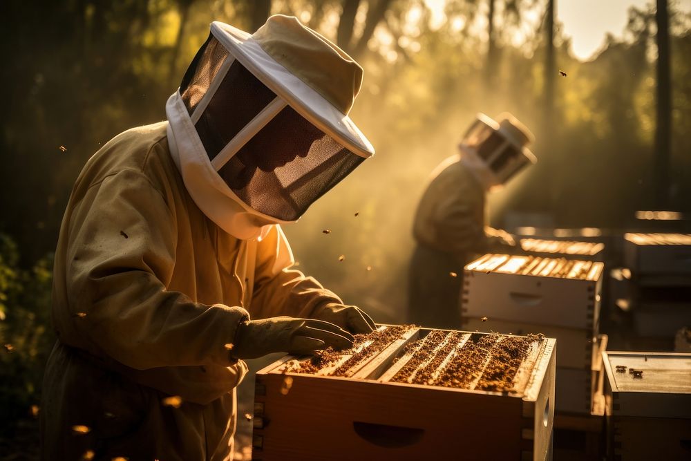 Beekeeper in protective workwear working on a beehive wooden box beekeeper apiary adult. AI generated Image by rawpixel.
