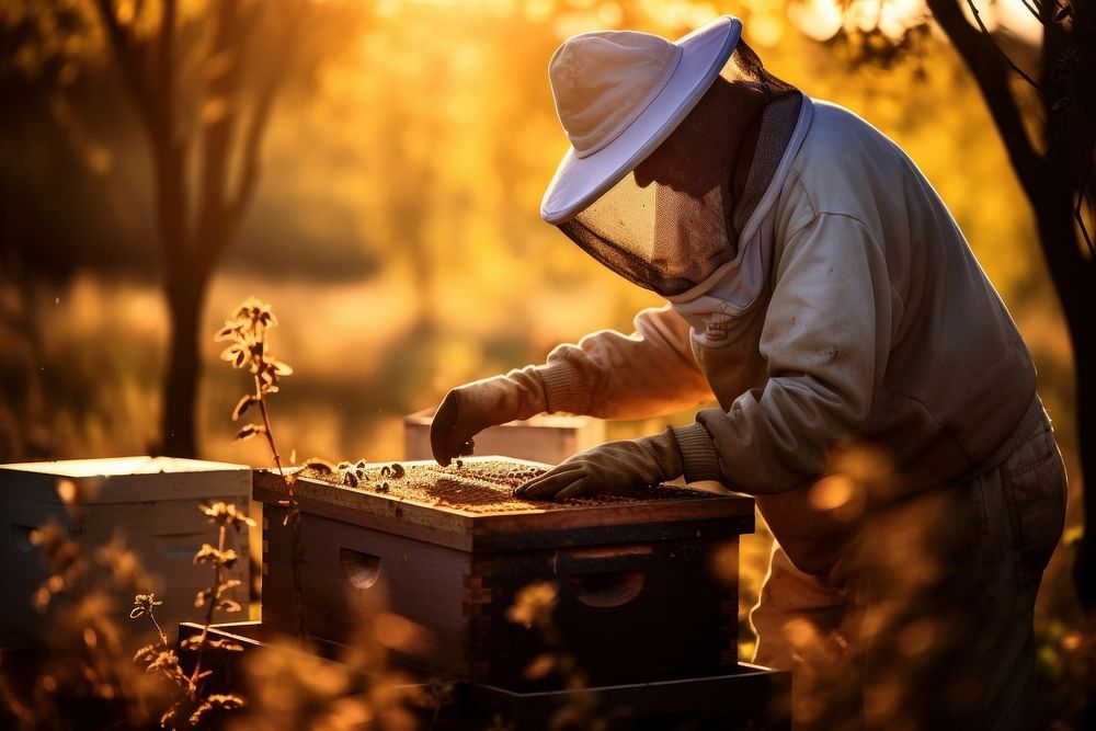 Beekeeper in protective workwear working on a beehive wooden box beekeeper sunlight apiary. AI generated Image by rawpixel.