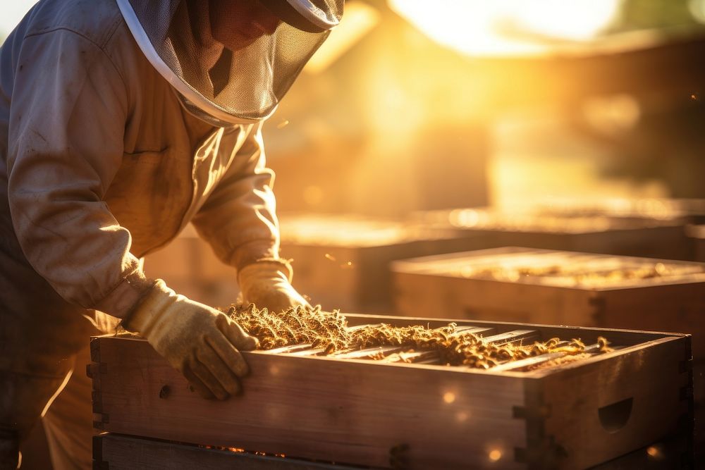 Beekeeper in protective workwear working on a beehive wooden box beekeeper sunlight adult. AI generated Image by rawpixel.