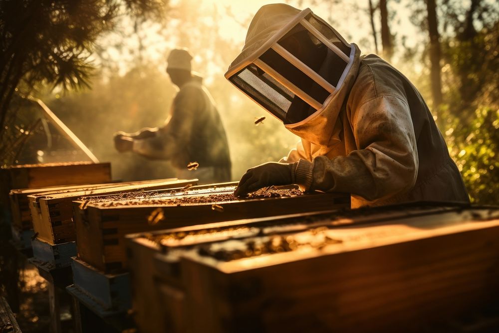 Beekeeper in protective workwear working on a beehive wooden box beekeeper adult sun. AI generated Image by rawpixel.