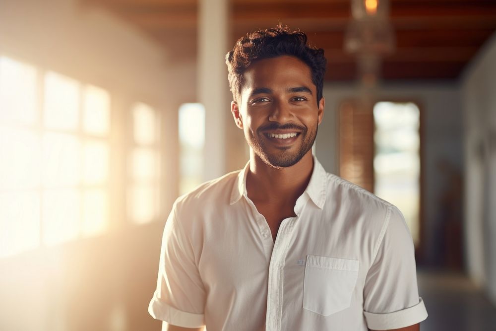 Indian wearing casual clothes smiling adult smile architecture. 