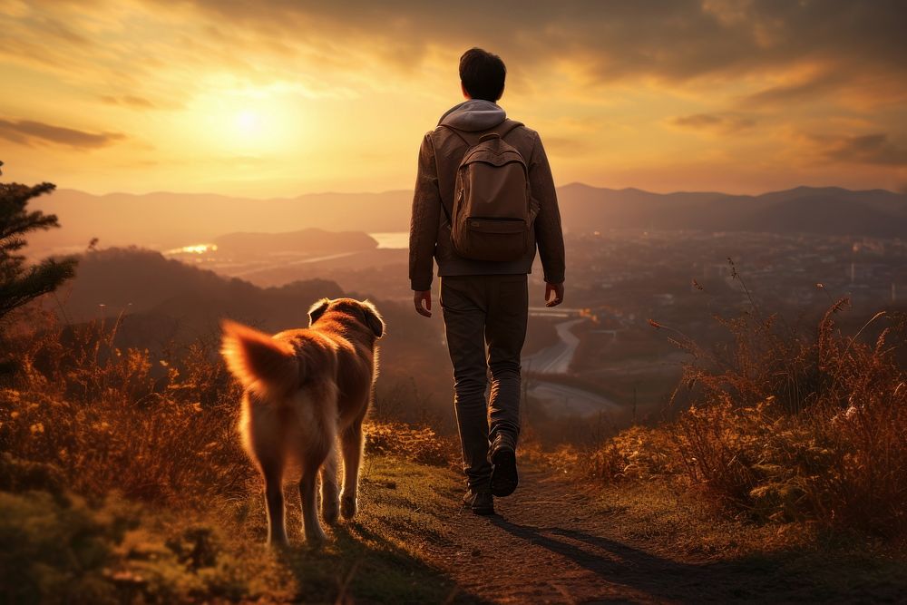 Korean man whith dog walking on nature at sunset pet backpack mammal.