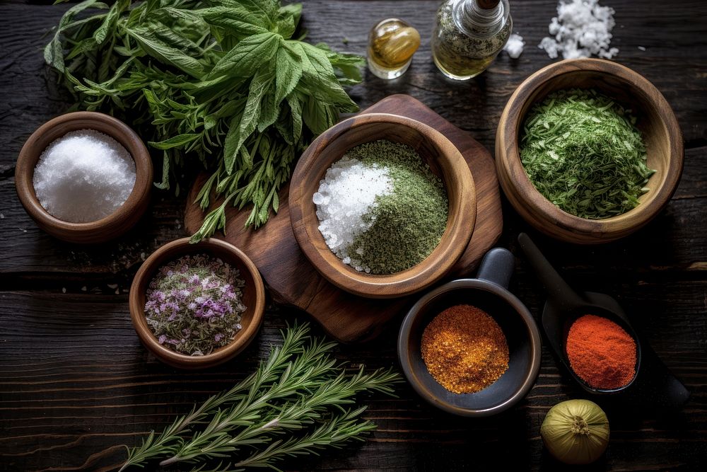 Kitchen table with dried herbs plant green food.