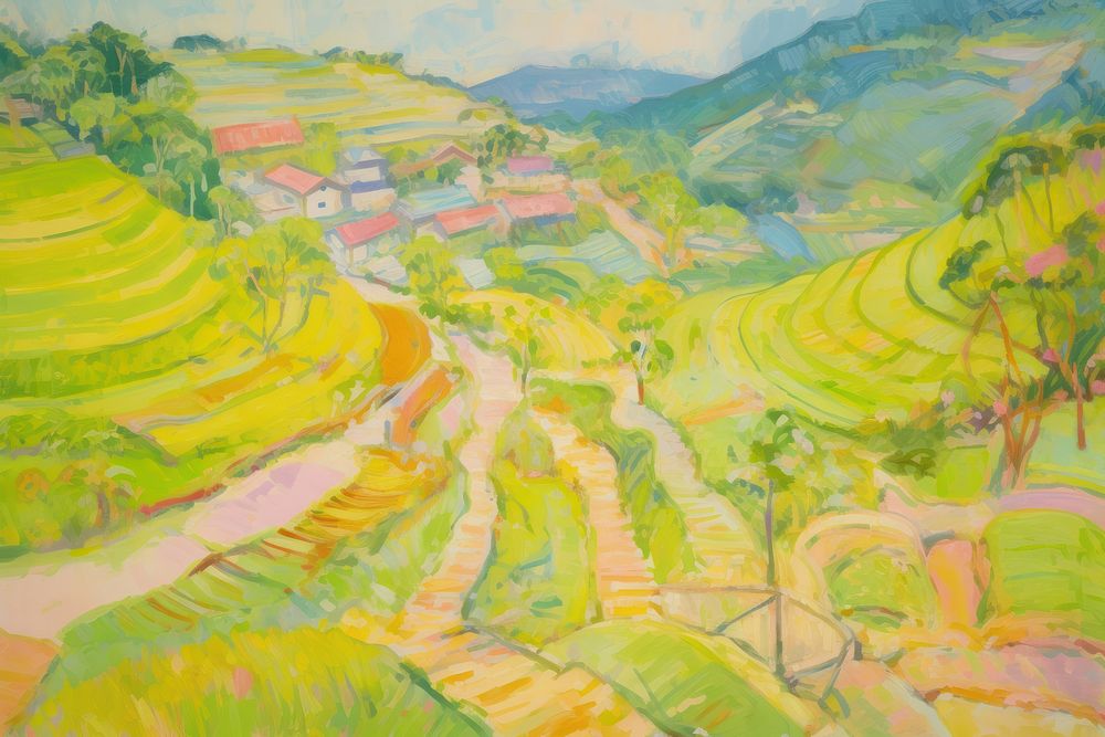 Rice terraces painting landscape outdoors. AI generated Image by rawpixel.