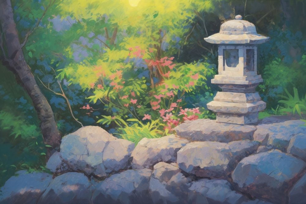 Close up japanese stone lamp in a zen garden painting architecture outdoors. AI generated Image by rawpixel.