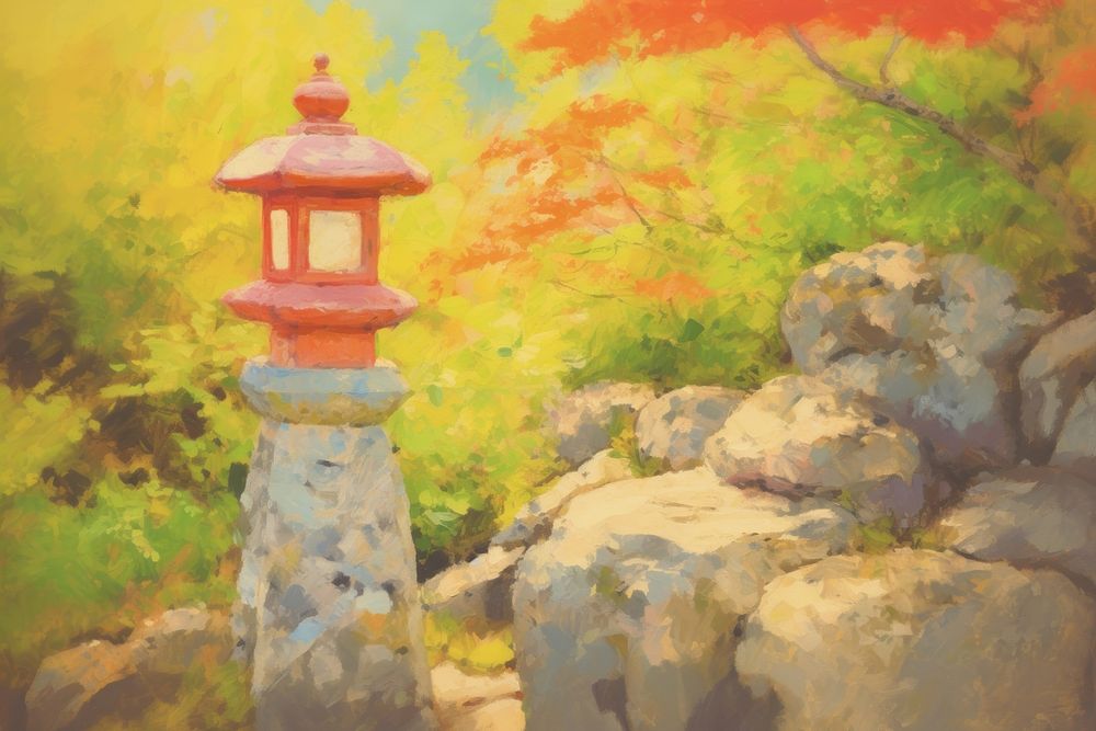 Close up japanese stone lamp in a zen garden painting outdoors plant. AI generated Image by rawpixel.