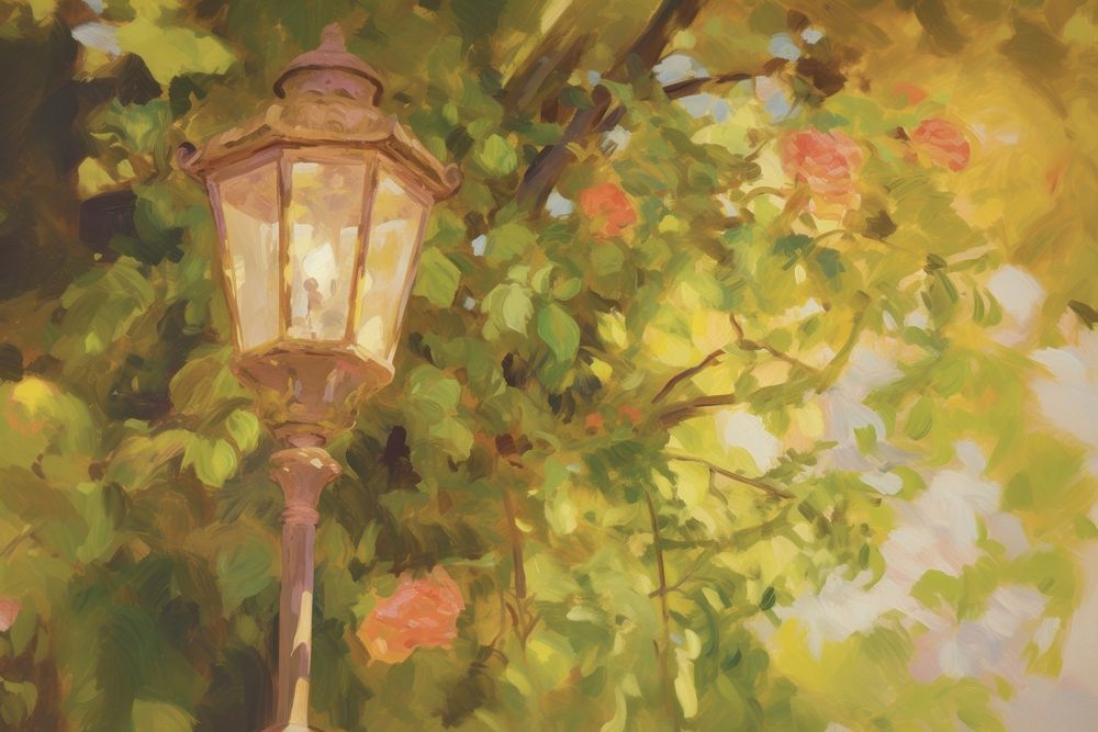 Close up lamp in a garden painting architecture illuminated. AI generated Image by rawpixel.