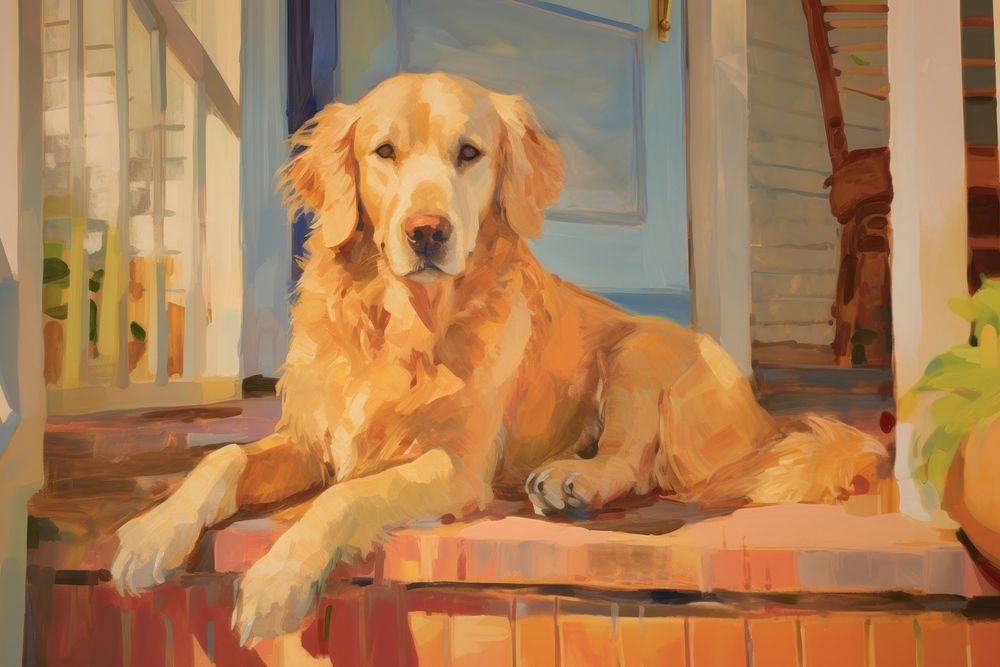 Golden retriever on a front porch painting animal mammal. 